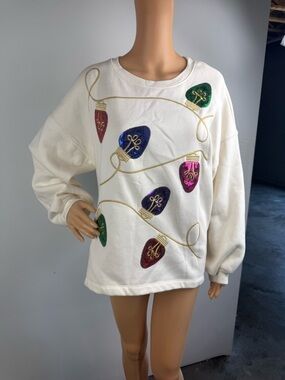 State of Mine Womens Large White Christmas Lights Sweatshirt Pullover Preppy